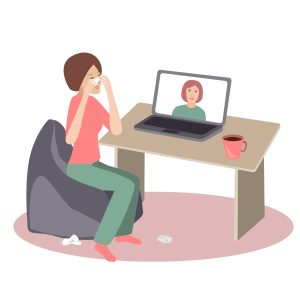 Illustration of a person in a telehealth counseling session with a therapist on a laptop screen